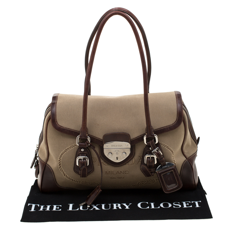Prada Beige/brown Canvas And Leather Push Lock Satchel