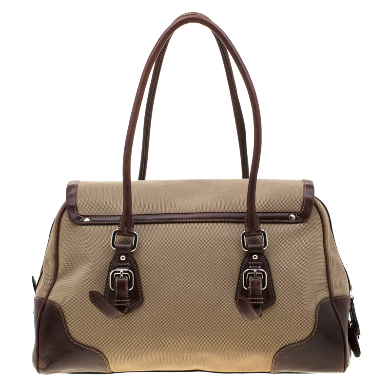 Prada Beige/brown Canvas And Leather Push Lock Satchel