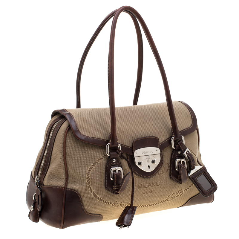 Prada Beige/brown Canvas And Leather Push Lock Satchel