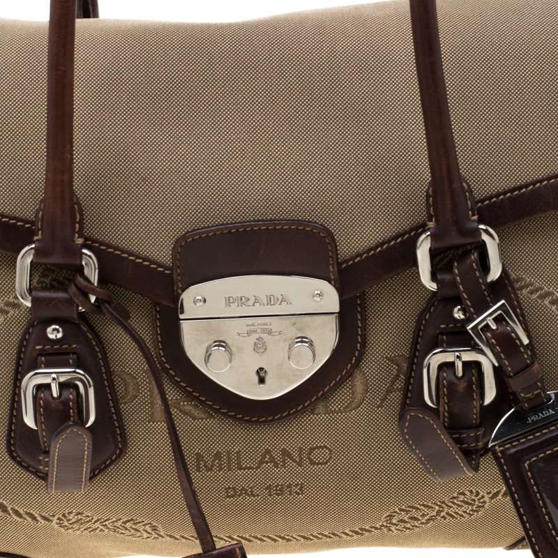 Prada Beige/brown Canvas And Leather Push Lock Satchel