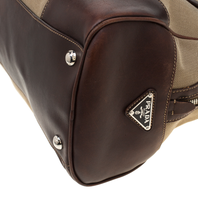 Prada Beige/brown Canvas And Leather Push Lock Satchel