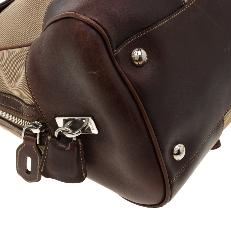 Prada Beige/brown Canvas And Leather Push Lock Satchel