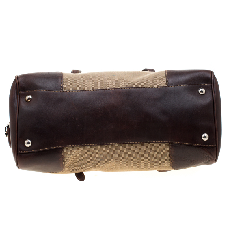Prada Beige/brown Canvas And Leather Push Lock Satchel