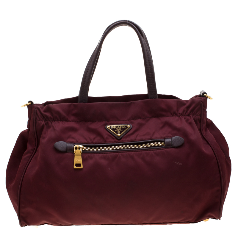 Pre Owned Prada Burgundy Nylon Pocket Zip Tote