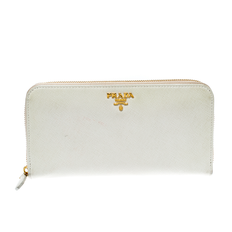 Pre Owned Prada Off White Saffiano Leather Zip Around Wallet