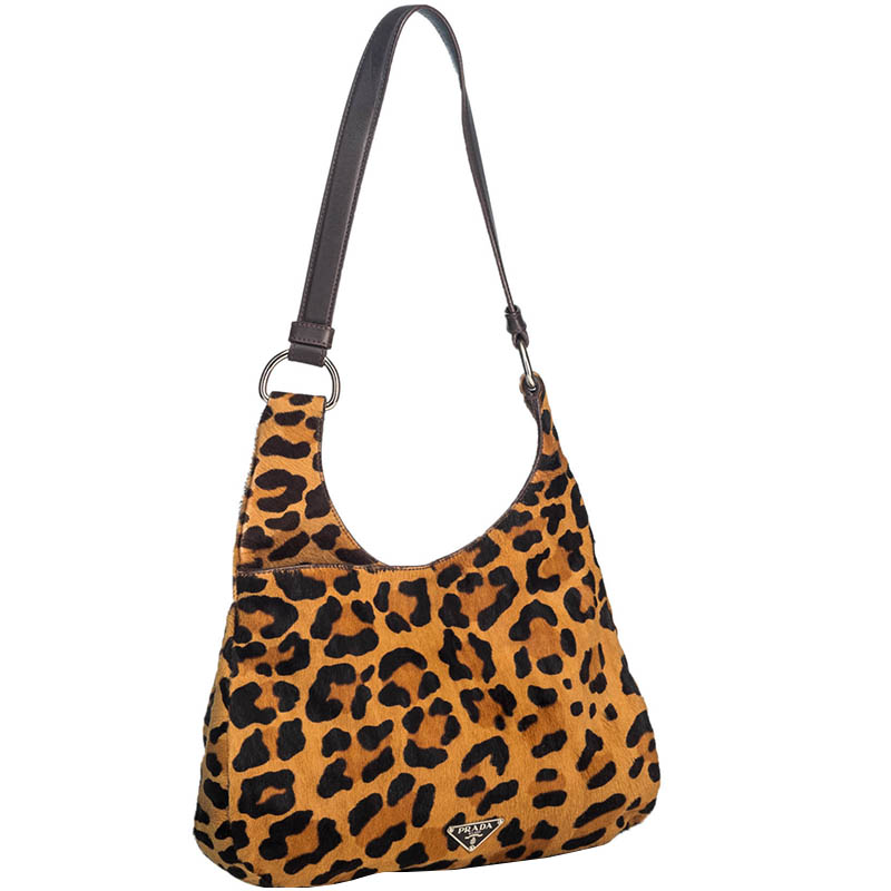 

Prada Leopard Print Ponyhair Hobo Bag, Black
