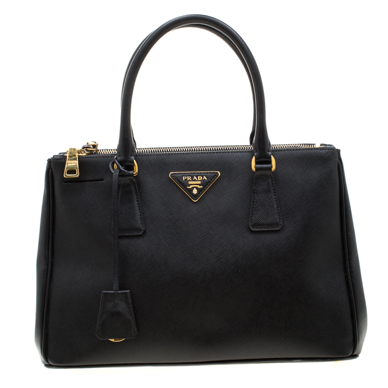 Pre Owned Prada Black Saffiano Lux Leather Small Double Zip Tote