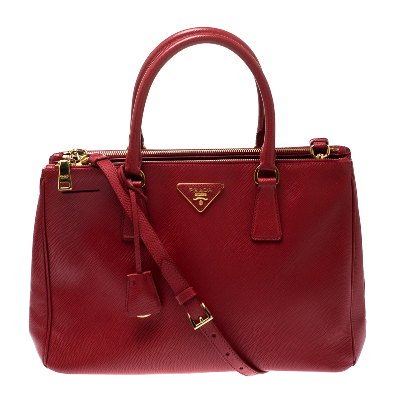 Pre Owned Prada Red Saffiano Lux Leather Medium Double Zip Tote
