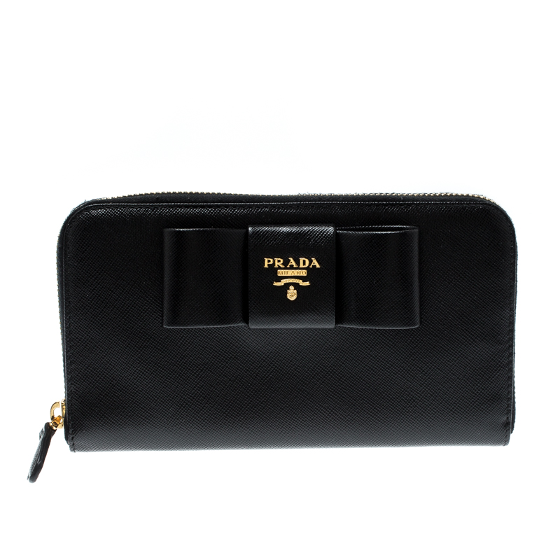 Pre Owned Prada Black Saffiano Lux Leather Zip Around Wallet