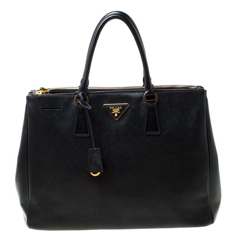 Pre Owned Prada Black Saffiano Lux Leather Large Double Zip Tote