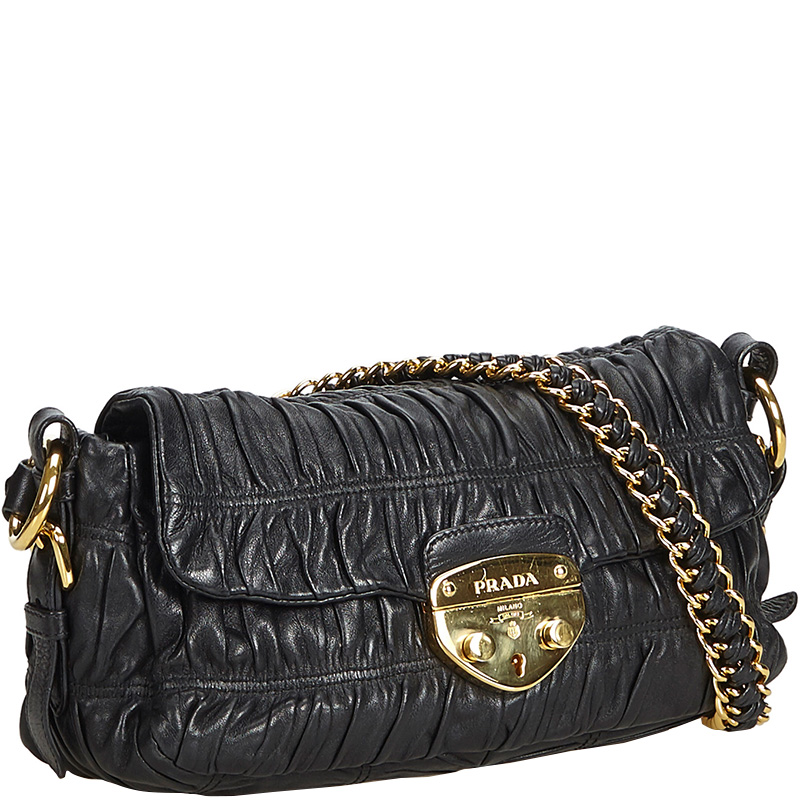

Prada Black Gathered Chain Leather Shoulder Bag