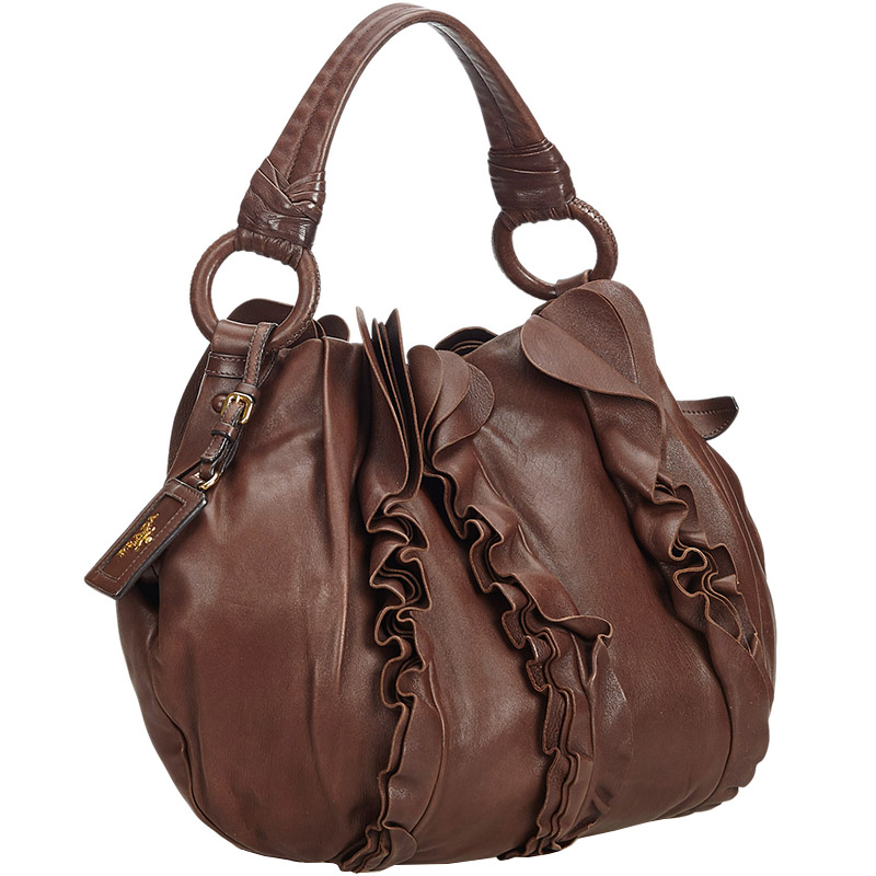 

Prada Brown Leather Ruffle Hobo Bag