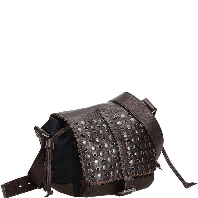 

Prada Dark Brown Studded Nylon Crossbody Bag