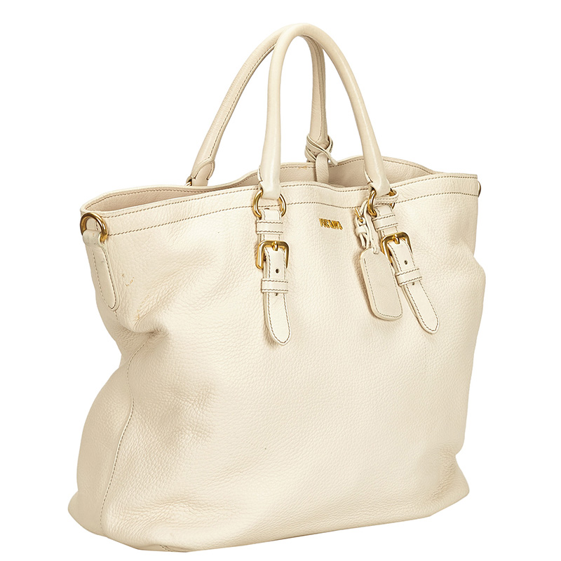 

Prada White Vitello Daino Leather Satchel Bag