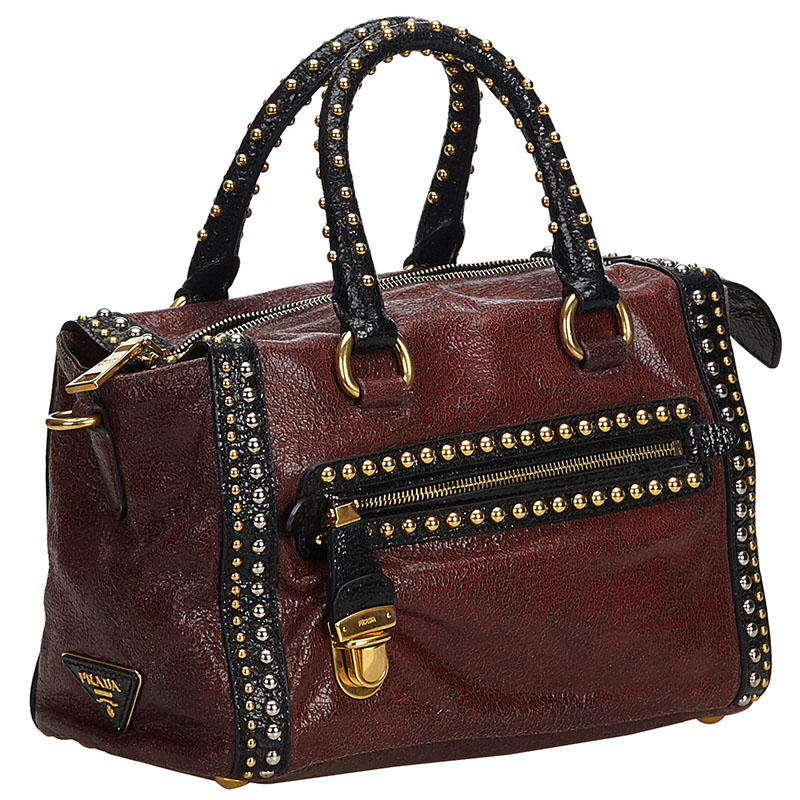 

Prada Red Craquele Leather Studded Bauletto Satchel Bag