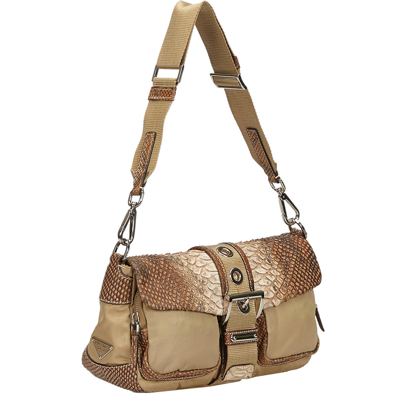 

Prada Light Brown Nylon Python Leather Shoulder Bag