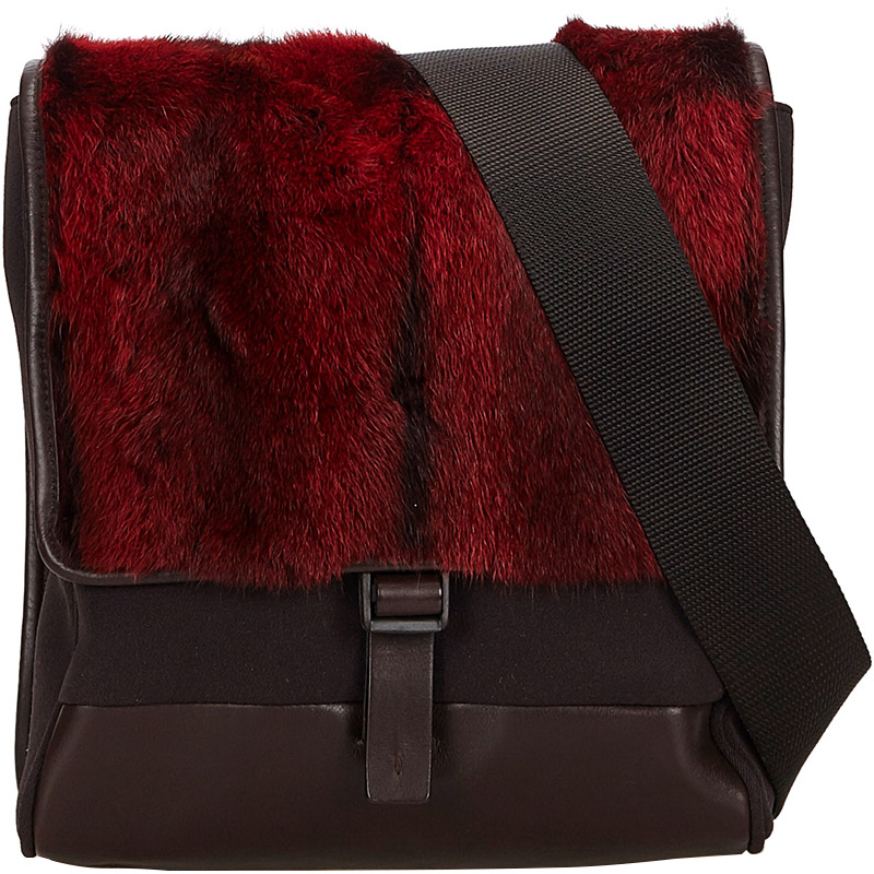 Pre-owned Prada Red/black Fur Canvas And Leather Crossbody Bag