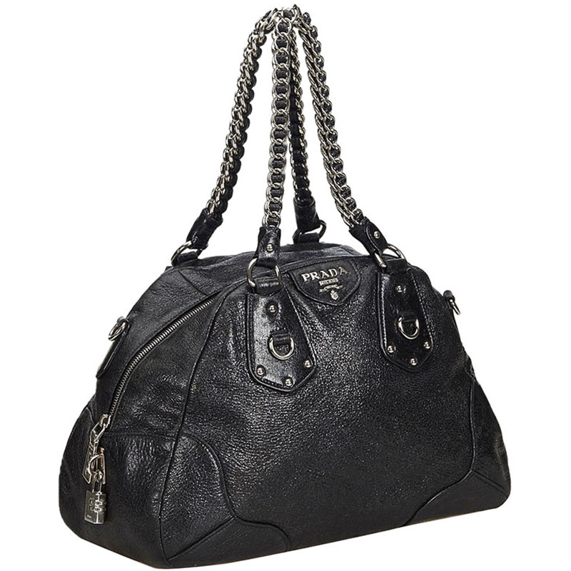 

Prada Black Cervo Lux Leather Bowling Bag