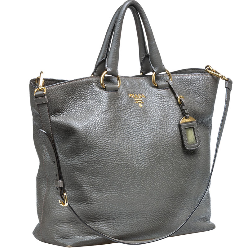 

Prada Gray Vitello Daino Leather Satchel, Grey