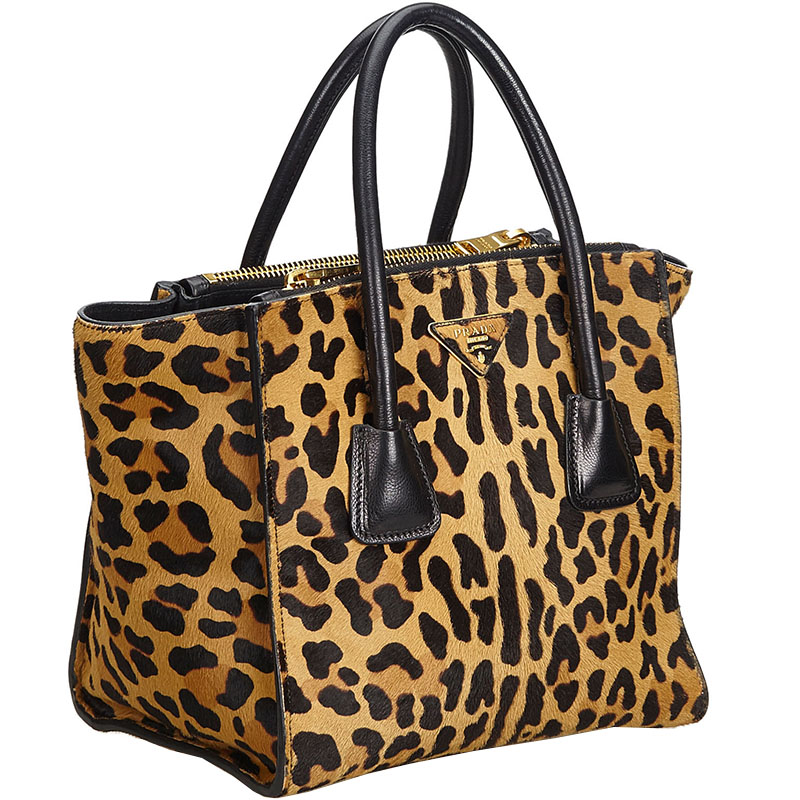 

Prada Brown Leopard Ponyhair Twin Pocket Satchel
