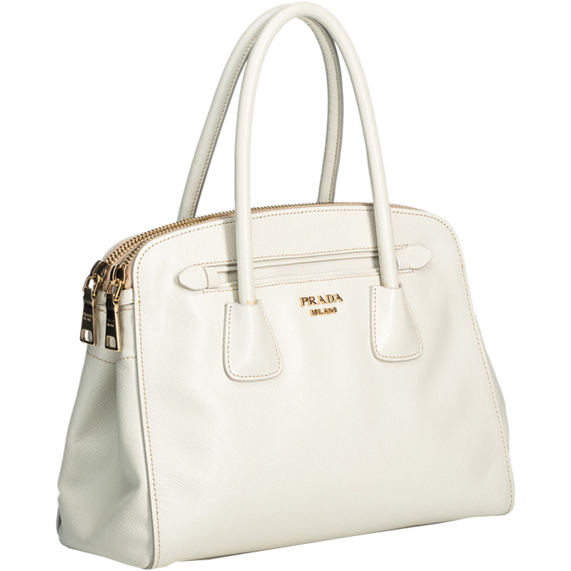 

Prada White Saffiano Leather Cuir Double Zip Satchel