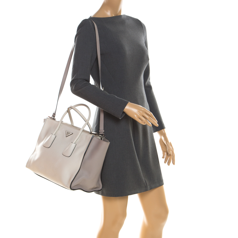 

Prada White/Taupe Leather Double Zip Tote