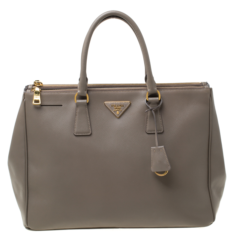 Pre Owned Prada Taupe Saffiano Lux Leather Large Double Zip Tote