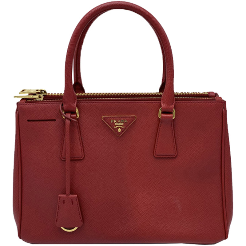 Pre Owned Prada Red Saffiano Lux Leather Small Double Zip Tote