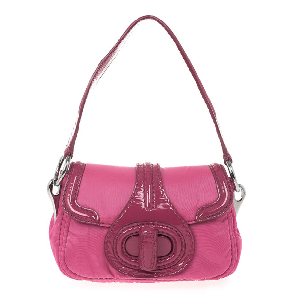 Pre Owned Prada Pink Nylon Gabardine Turnlock Flap Shoulder Bag