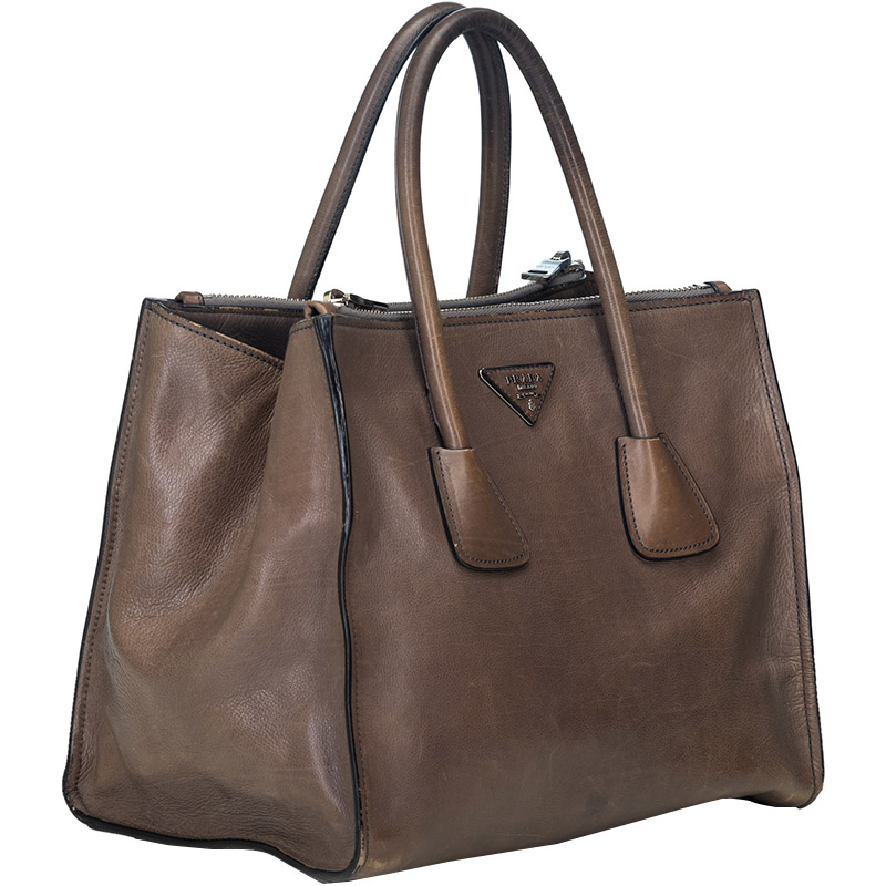 

Prada Brown Glace Calf Leather Twin Pocket Double Handle Tote