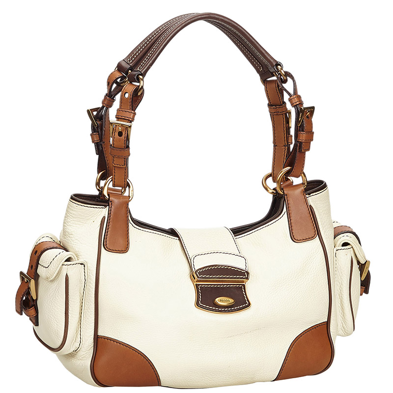 

Prada White/Brown Leather Satchel