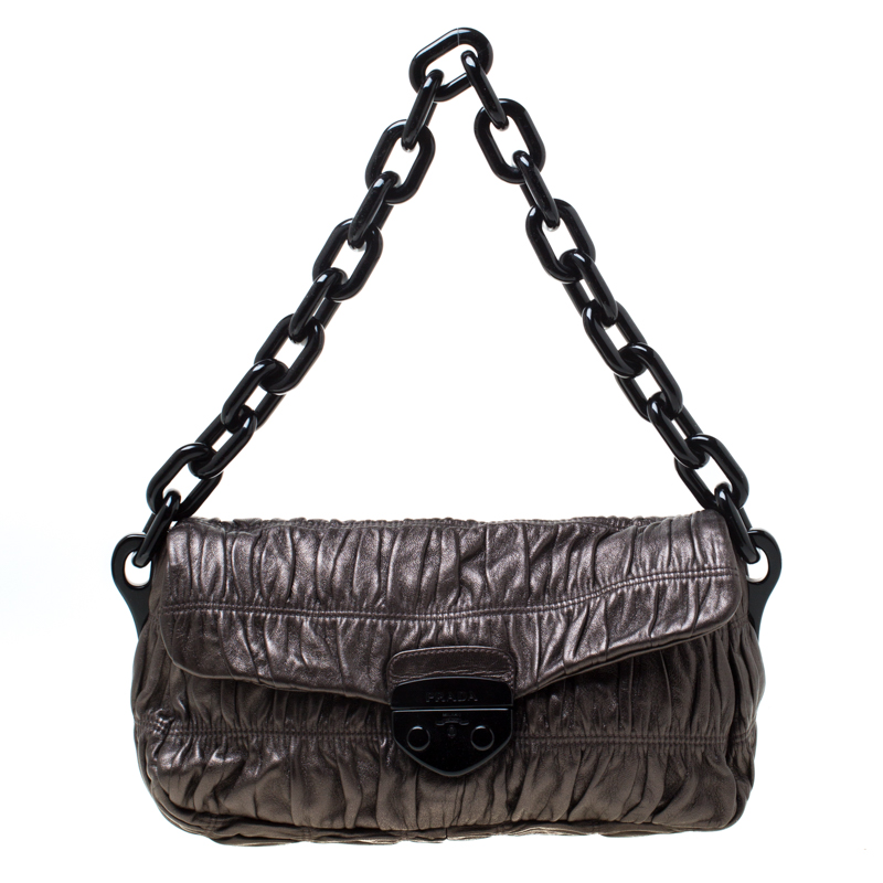 Prada Bronze Leather Gaufre Chain Shoulder Bag