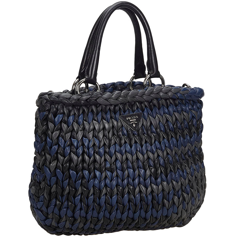 

Prada Gray/Blue Woven Leather Satchel Bag