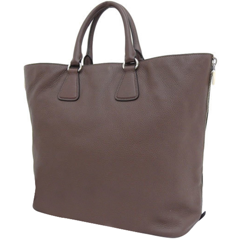 

Prada Brown Vitello Daino Leather Side Zip Shopping Tote