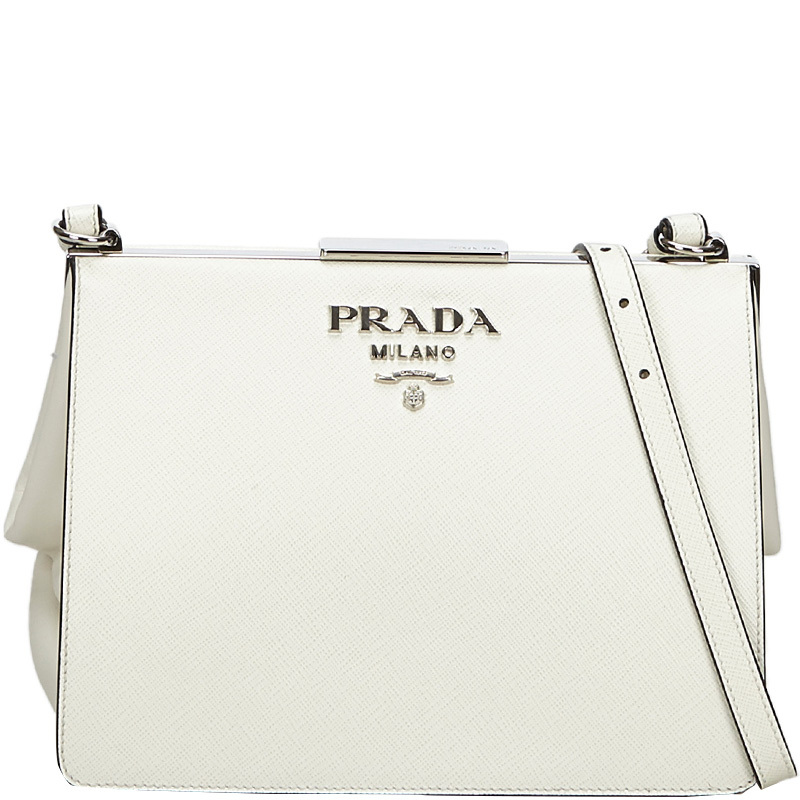 Pre-owned Prada White Saffiano Leather Light Frame Crossbody Bag