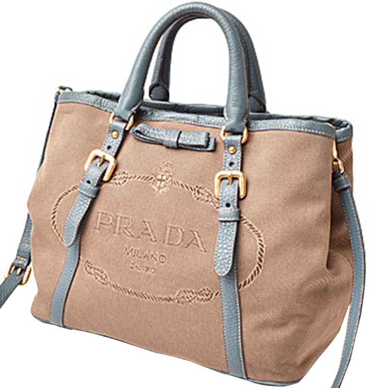 

Prada Khaki/Blue Canapa Canvas Top Handle Satchel Bag, Beige