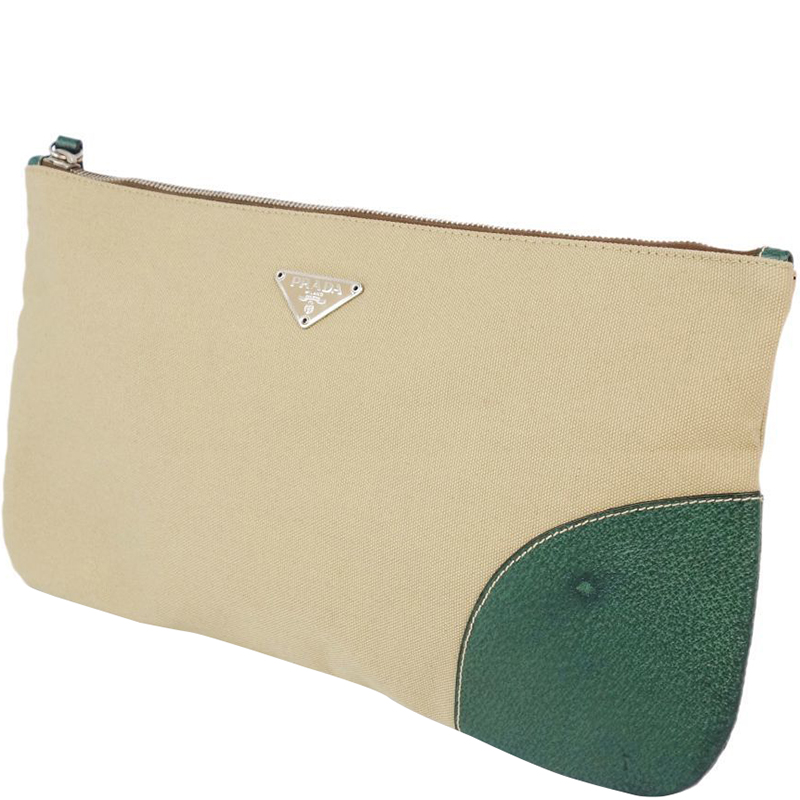 

Prada Beige/Green Canvas And Leather Clutch Bag
