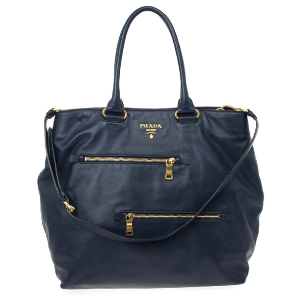 Pre Owned Prada Navy Calf Skin Zipper Tote