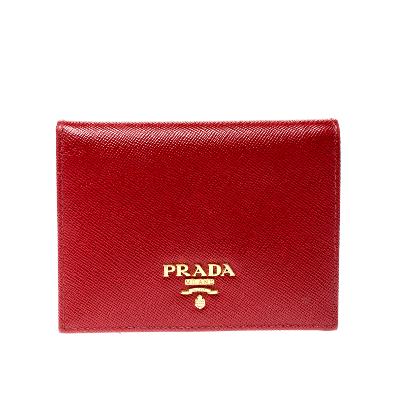 Pre Owned Prada Red Saffiano Lux Leather Bifold Wallet