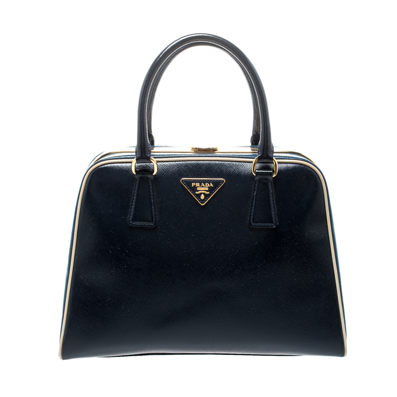 Pre Owned Prada Navy Blue Patent Leather Pyramid Frame Top Handle Bag