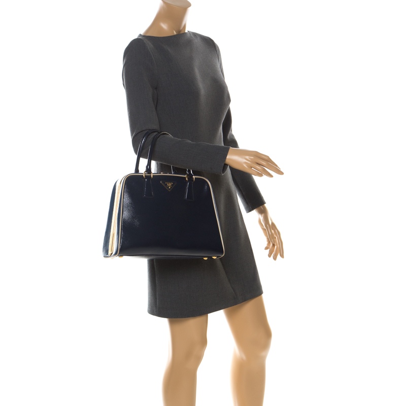 

Prada Navy Blue Patent Leather Pyramid Frame Top Handle Bag