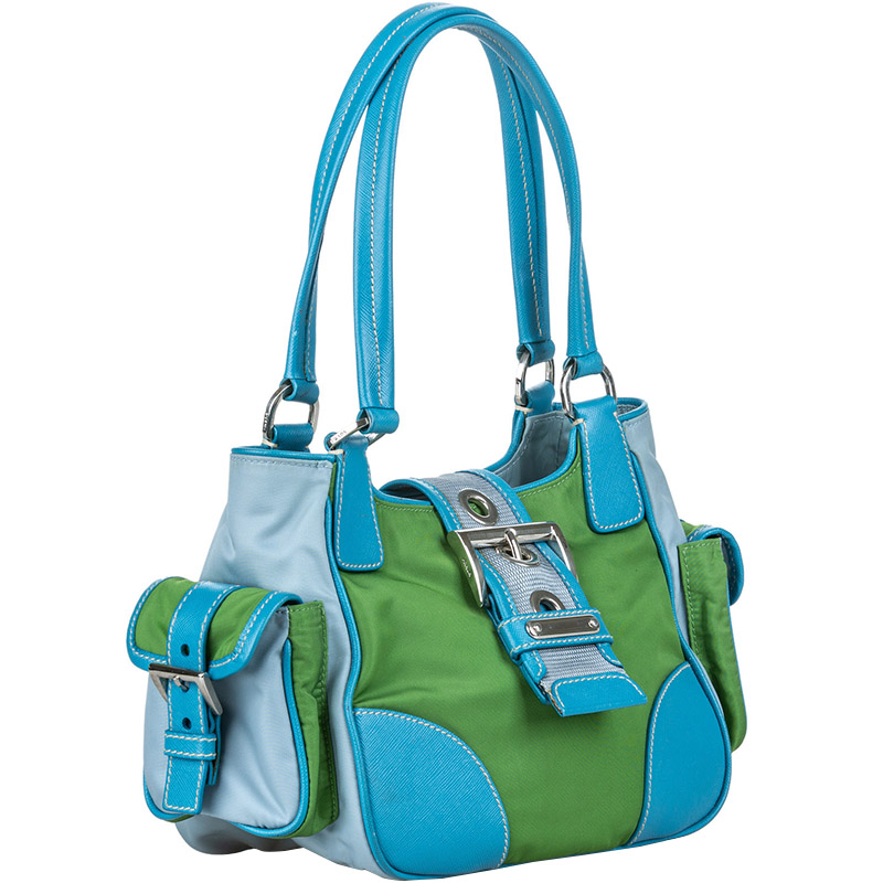 

Prada Green/Blue Nylon And Leather Satchel