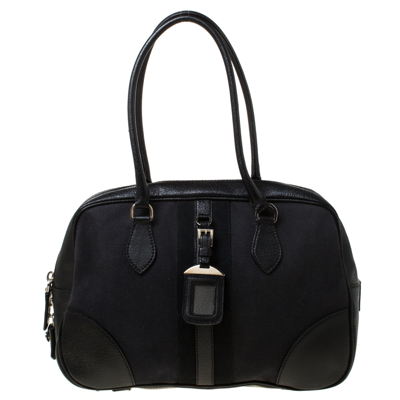Pre Owned Prada Black Canvas and Leather Trim Bowler Bag