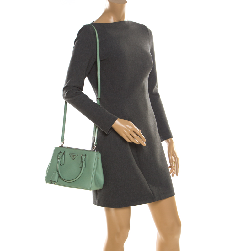 

Prada Light Green Saffiano Lux Leather Mini Double Zip Tote