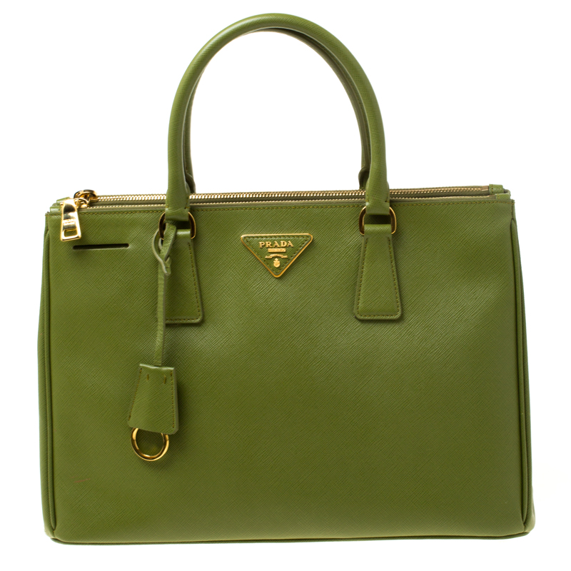 Prada Green Saffiano Lux Leather Medium Double Zip Bag