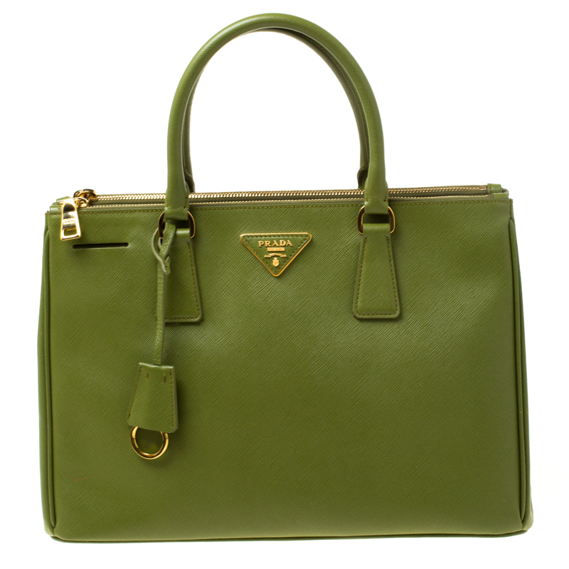 Pre Owned Prada Green Saffiano Lux Leather Medium Double Zip Bag