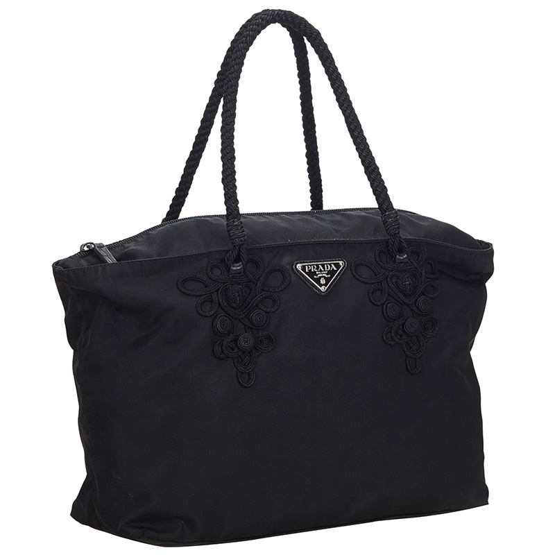 

Prada Black Nylon Embroidered Tote Bag