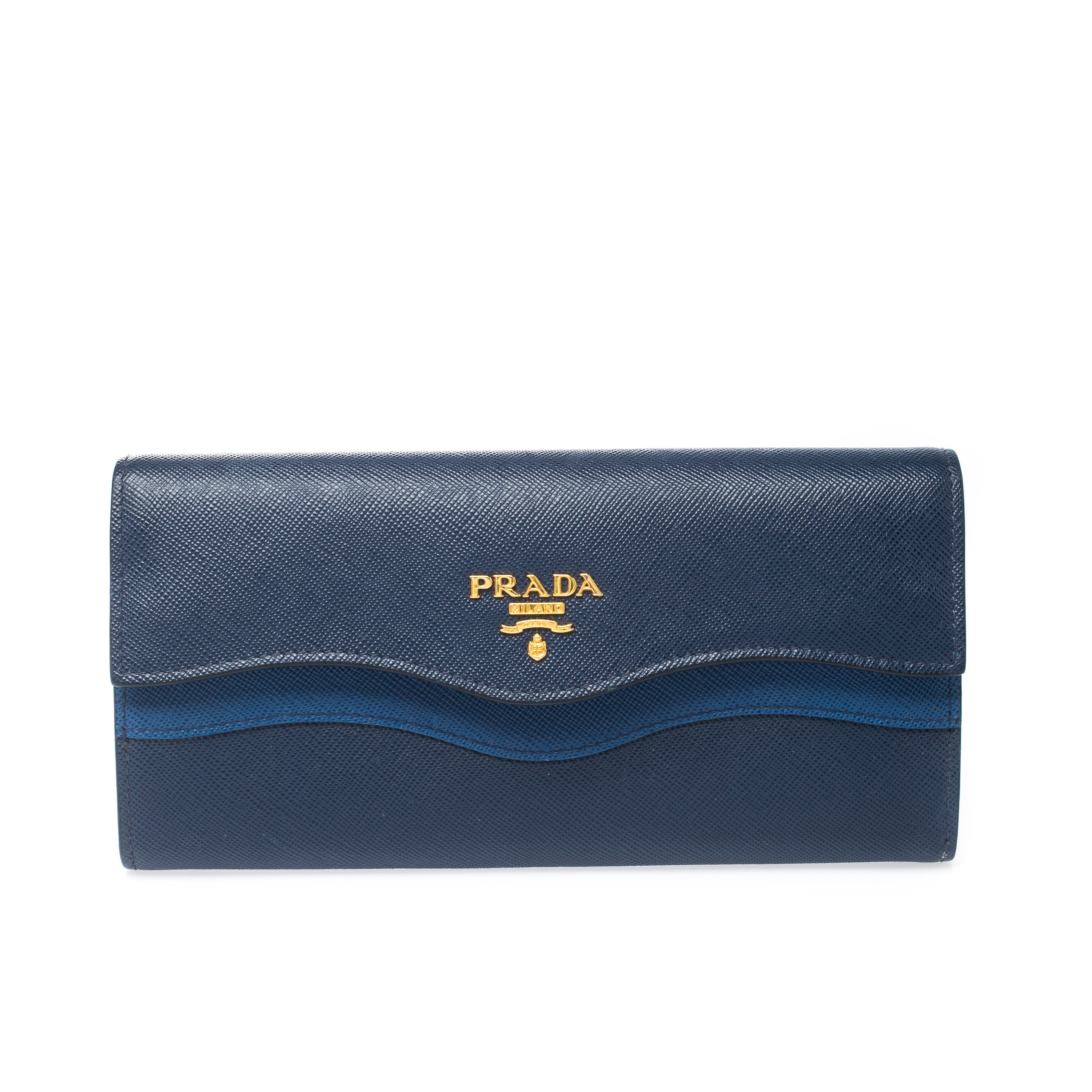 Pre Owned Prada Blue Saffiano Lux Leather Wave Continental Wallet