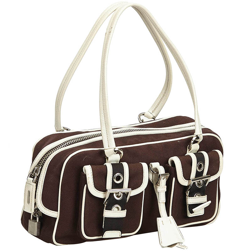 

Prada Brown Canvas Double Pocket Satchel