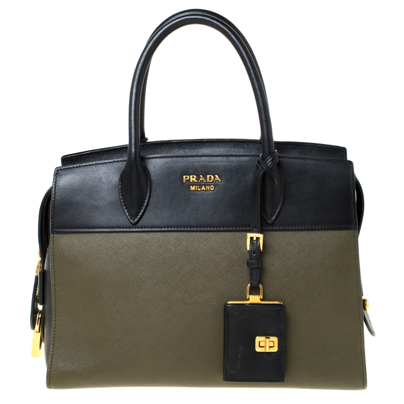 Pre Owned Prada Military Green and Black City Leather Medium Esplanade Satchel